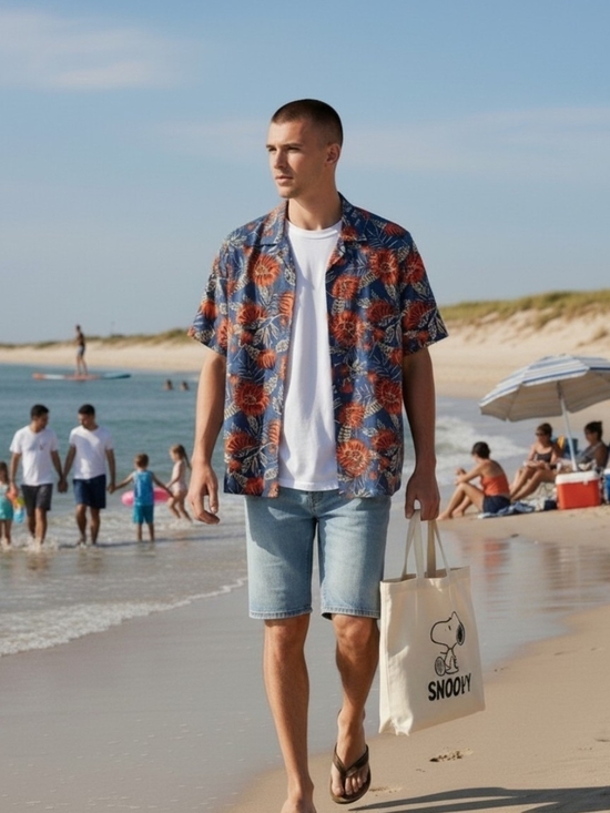 Caribbean Other - Caribbean -Men's Navy Blue Tropical Floral,Short-Sleeve Button-DownShirt, Pocket